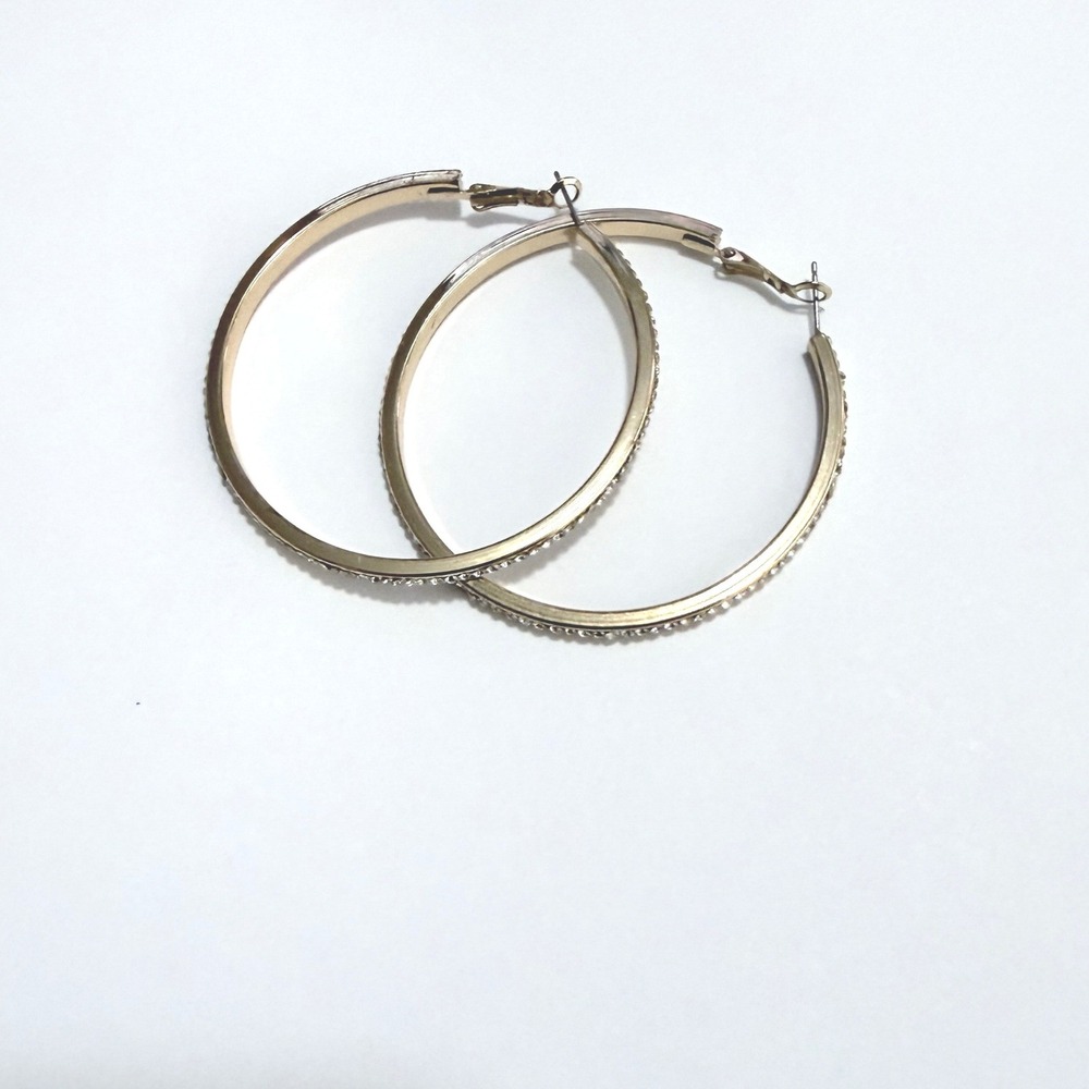 Lane Bryant Hoop Earrings Women Gold Tone Rhinestone Large Round Glam Jewerlry